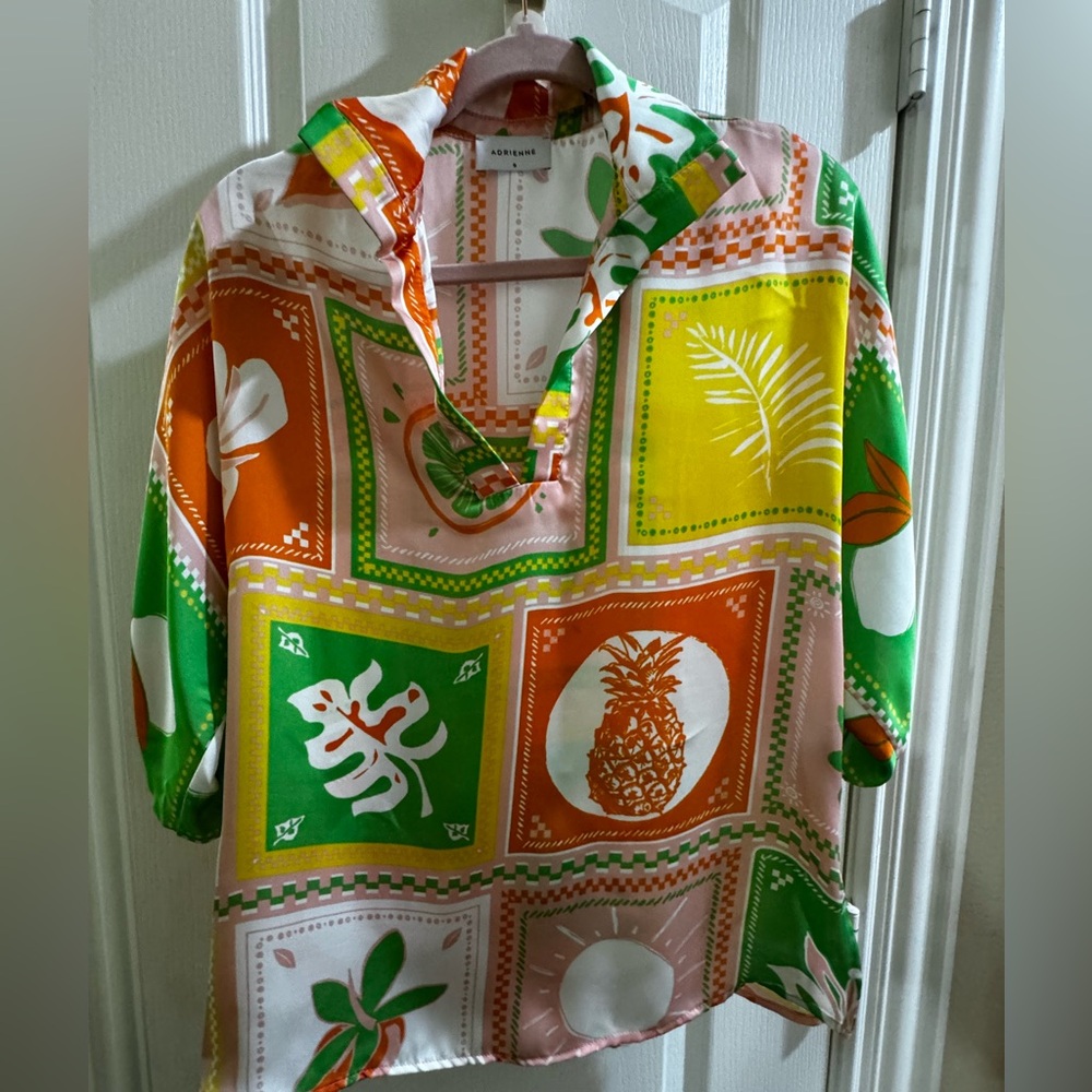 Adrienne Womens Tropical Print Blouse - Orange, Green, Yellow